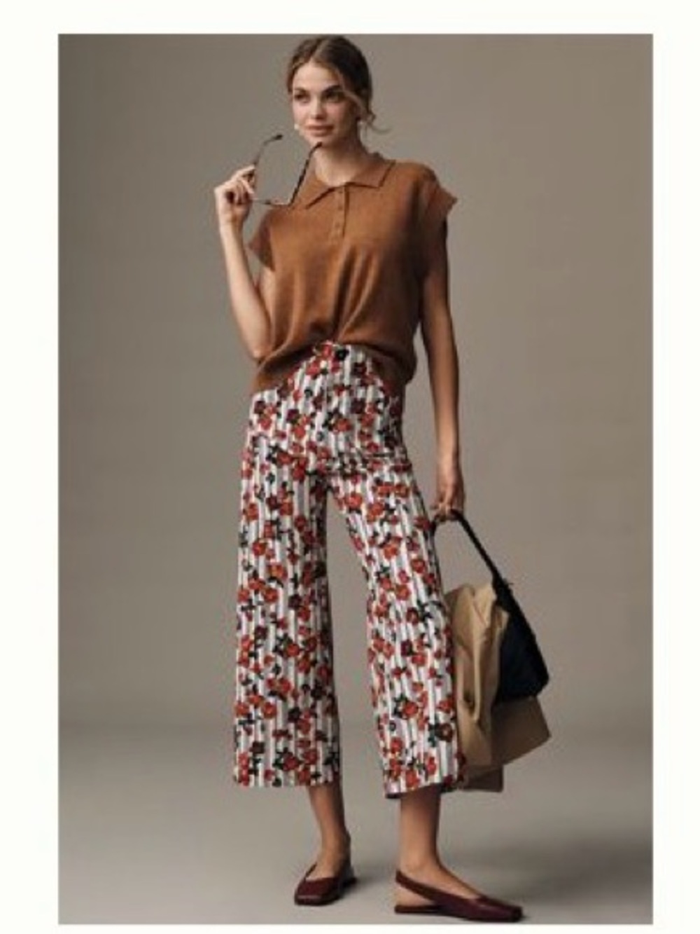 Maeve Floral-Print Wide-Leg Cropped Pants in White and Brown